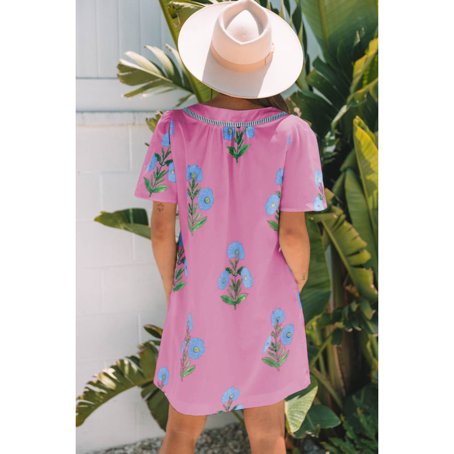 Rose Floral Short Sleeve Split Neck Loose Mini Dress Dresses/Floral Dresses