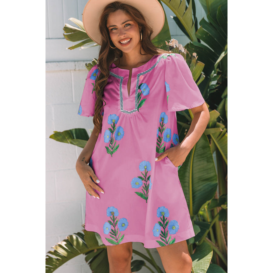 Rose Floral Short Sleeve Split Neck Loose Mini Dress Rose / S / 100% Polyester Dresses/Floral Dresses