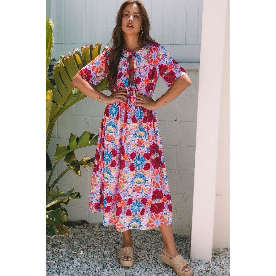 Rose Floral Tied Front High Waist Short Sleeve Loose Long Dress Dresses/Maxi Dresses