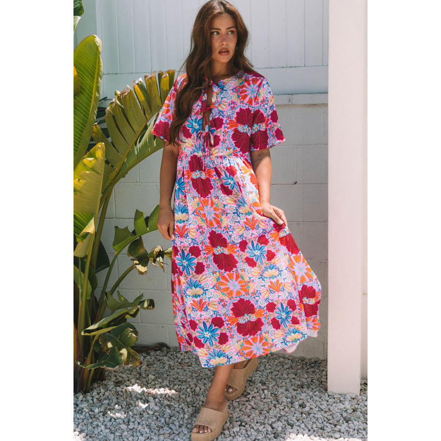 Rose Floral Tied Front High Waist Short Sleeve Loose Long Dress Dresses/Maxi Dresses