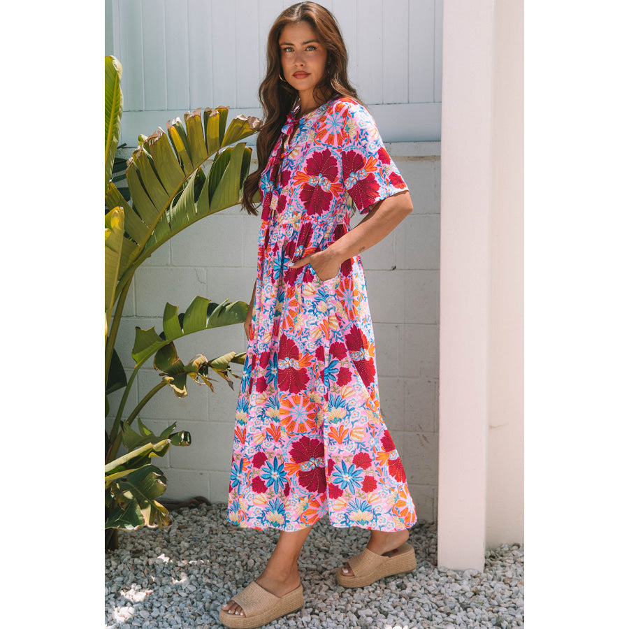 Rose Floral Tied Front High Waist Short Sleeve Loose Long Dress Dresses/Maxi Dresses