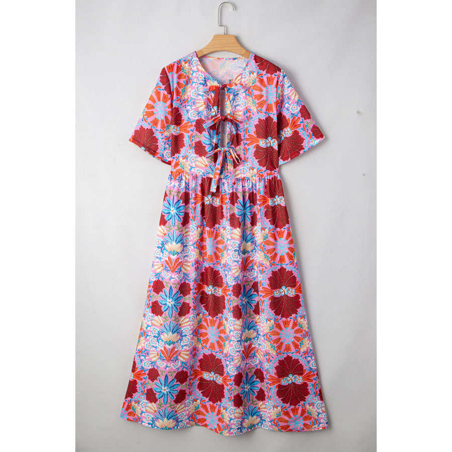 Rose Floral Tied Front High Waist Short Sleeve Loose Long Dress Dresses/Maxi Dresses