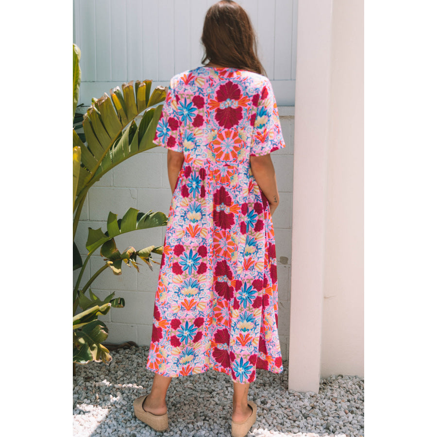 Rose Floral Tied Front High Waist Short Sleeve Loose Long Dress Dresses/Maxi Dresses