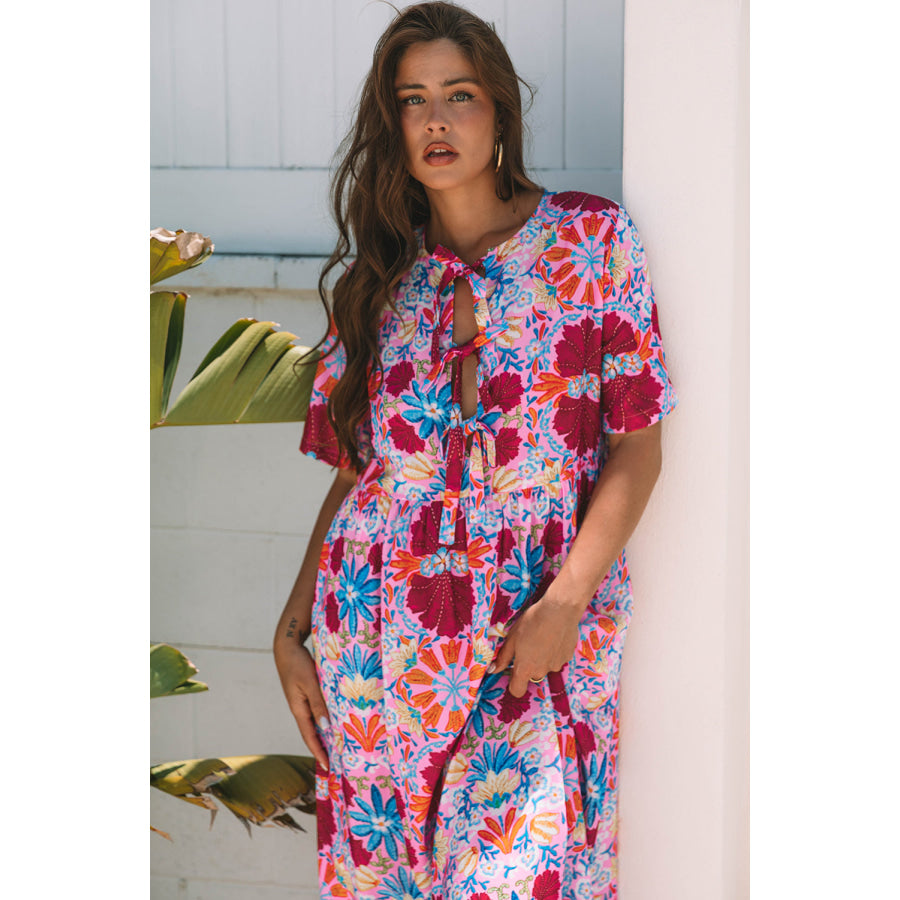 Rose Floral Tied Front High Waist Short Sleeve Loose Long Dress Dresses/Maxi Dresses