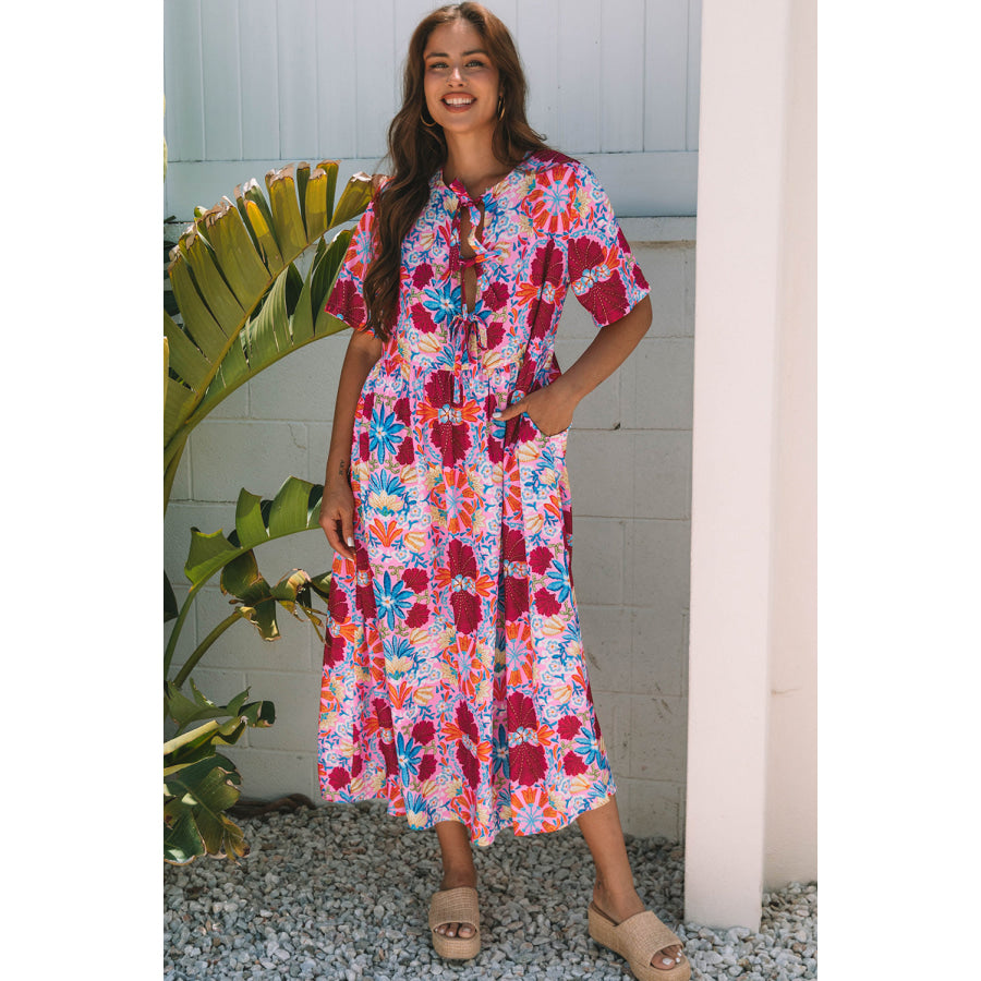 Rose Floral Tied Front High Waist Short Sleeve Loose Long Dress Rose / S / 100% Polyester Dresses/Maxi Dresses