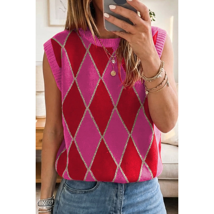Rose Glitter Trim Rhombus Pattern Knit Sweater Vest Rose / S / 52% Viscose + 26% Polyester + 22% Polyamide Sweaters & Cardigans/Sweater