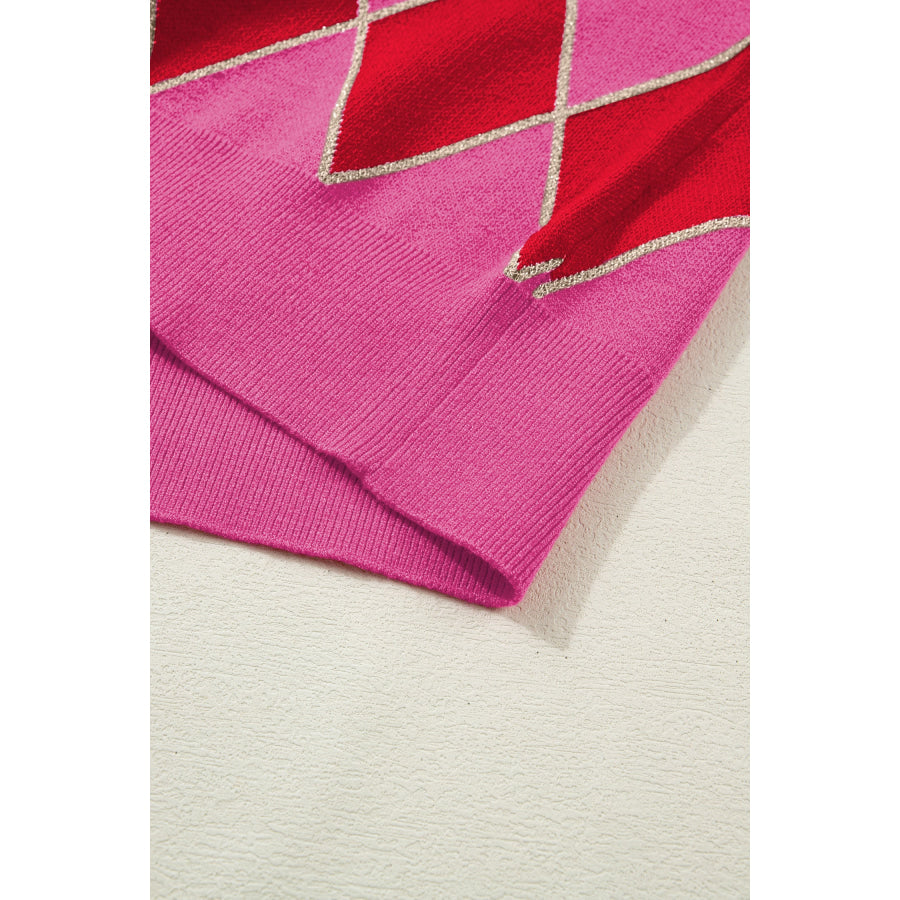 Rose Glitter Trim Rhombus Pattern Knit Sweater Vest Sweaters & Cardigans/Sweater Vests