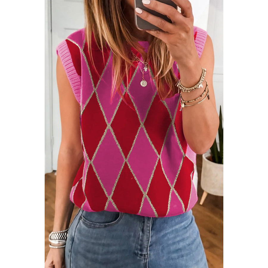 Rose Glitter Trim Rhombus Pattern Knit Sweater Vest Sweaters & Cardigans/Sweater Vests