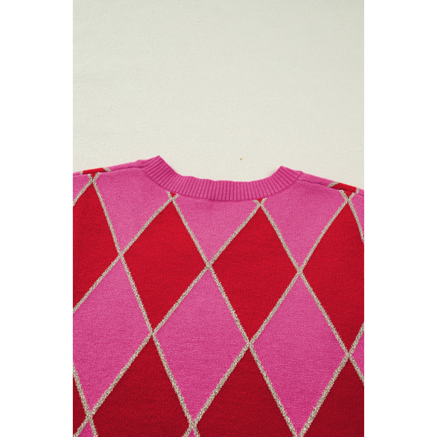 Rose Glitter Trim Rhombus Pattern Knit Sweater Vest Sweaters & Cardigans/Sweater Vests