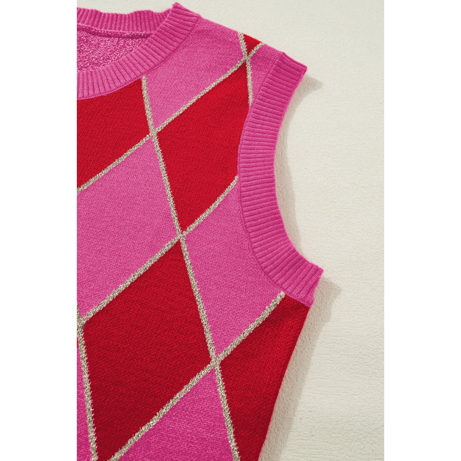 Rose Glitter Trim Rhombus Pattern Knit Sweater Vest Sweaters & Cardigans/Sweater Vests