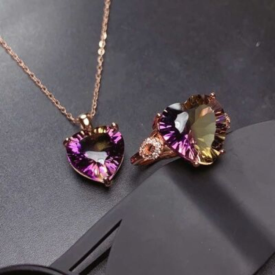Rose Gold - Plated Artificial Gemstone Heart Pendant Necklace Gold / One Size Apparel and Accessories