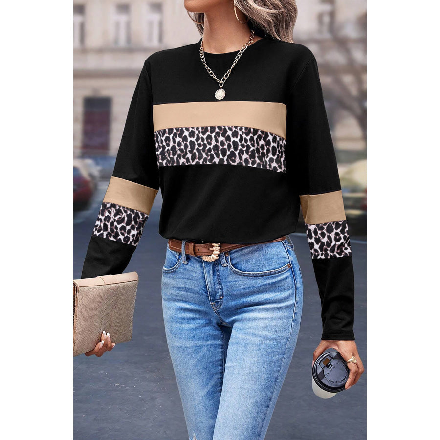 Rose Leopard Colorblock Patchwork Crew Neck Long Sleeve Tee Khaki / S / 95% Cotton + 5% Elastane Tops/Long Sleeve Tops