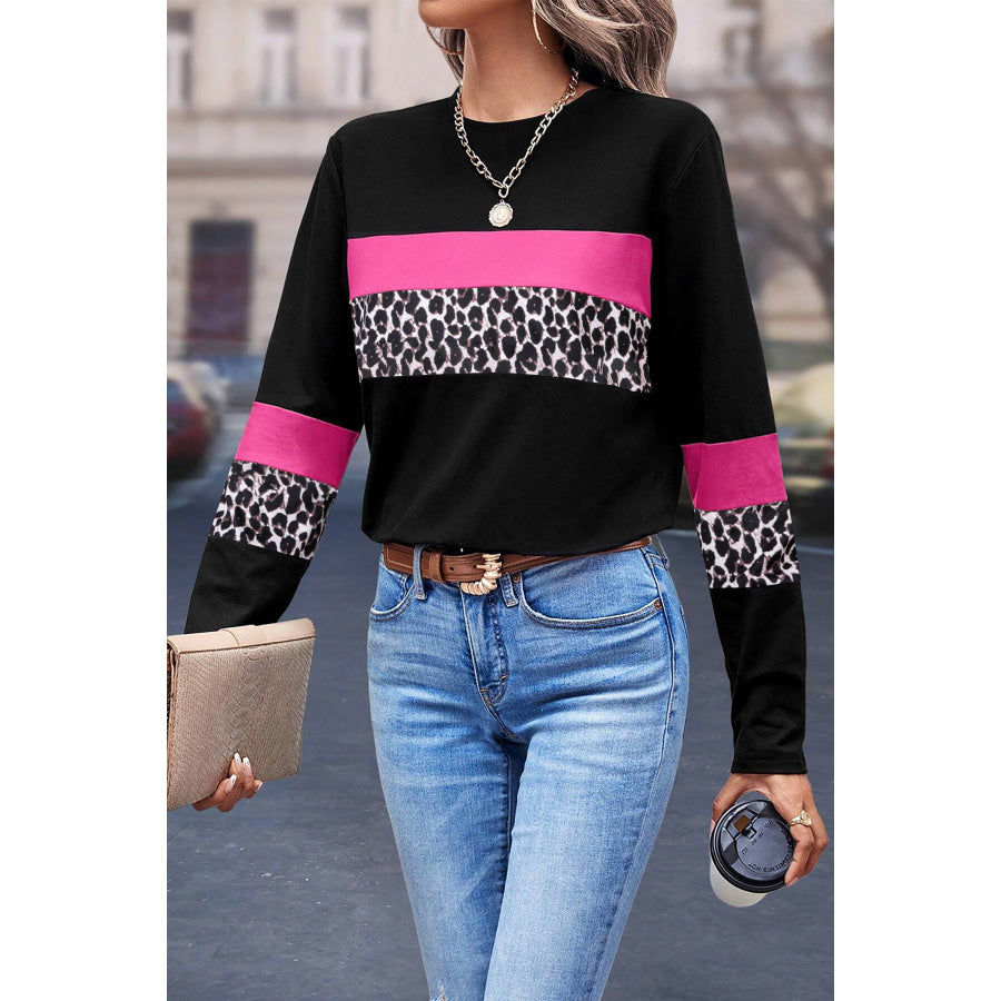 Rose Leopard Colorblock Patchwork Crew Neck Long Sleeve Tee Rose / S / 95% Cotton + 5% Elastane Tops/Long Sleeve Tops