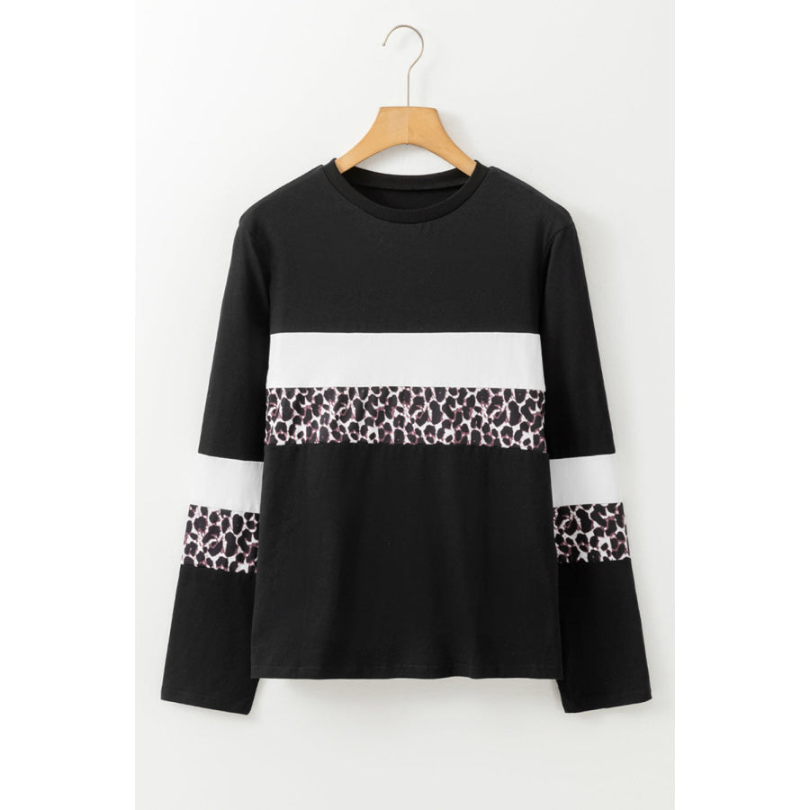 Rose Leopard Colorblock Patchwork Crew Neck Long Sleeve Tee Tops/Long Sleeve Tops