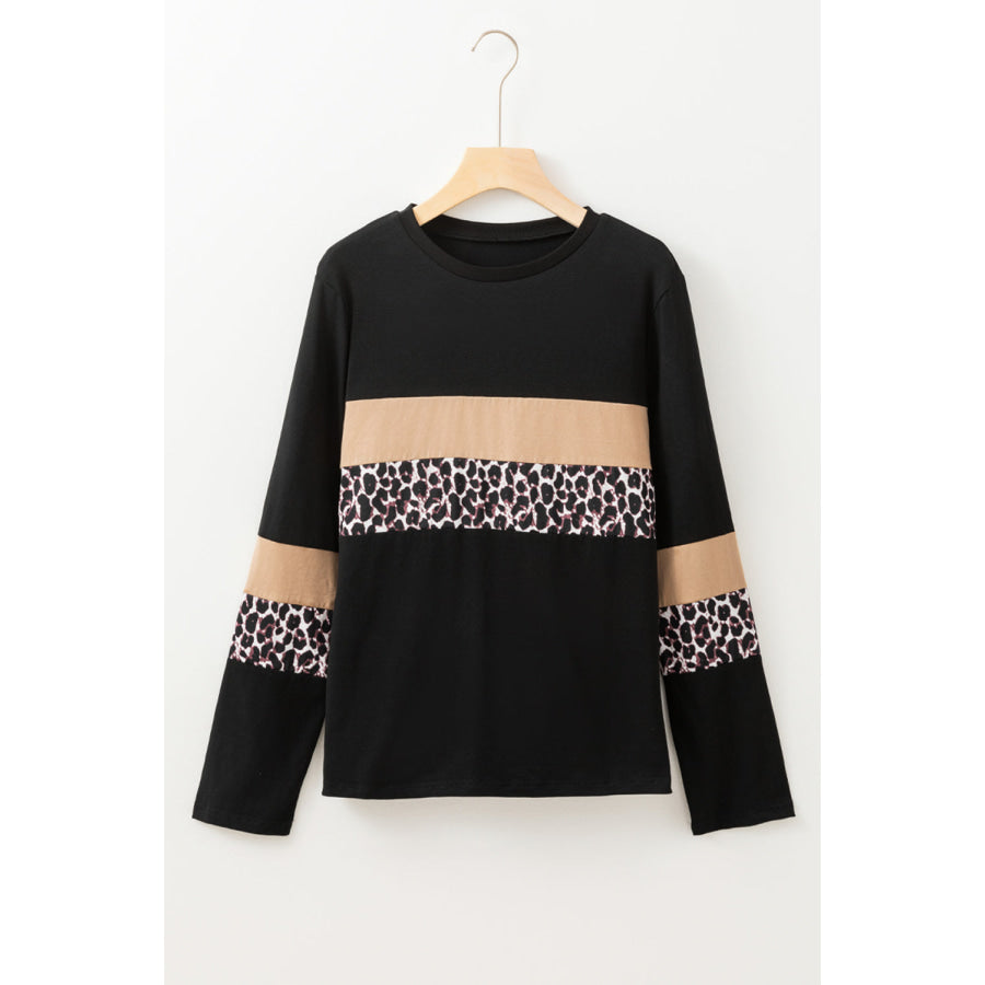 Rose Leopard Colorblock Patchwork Crew Neck Long Sleeve Tee Tops/Long Sleeve Tops