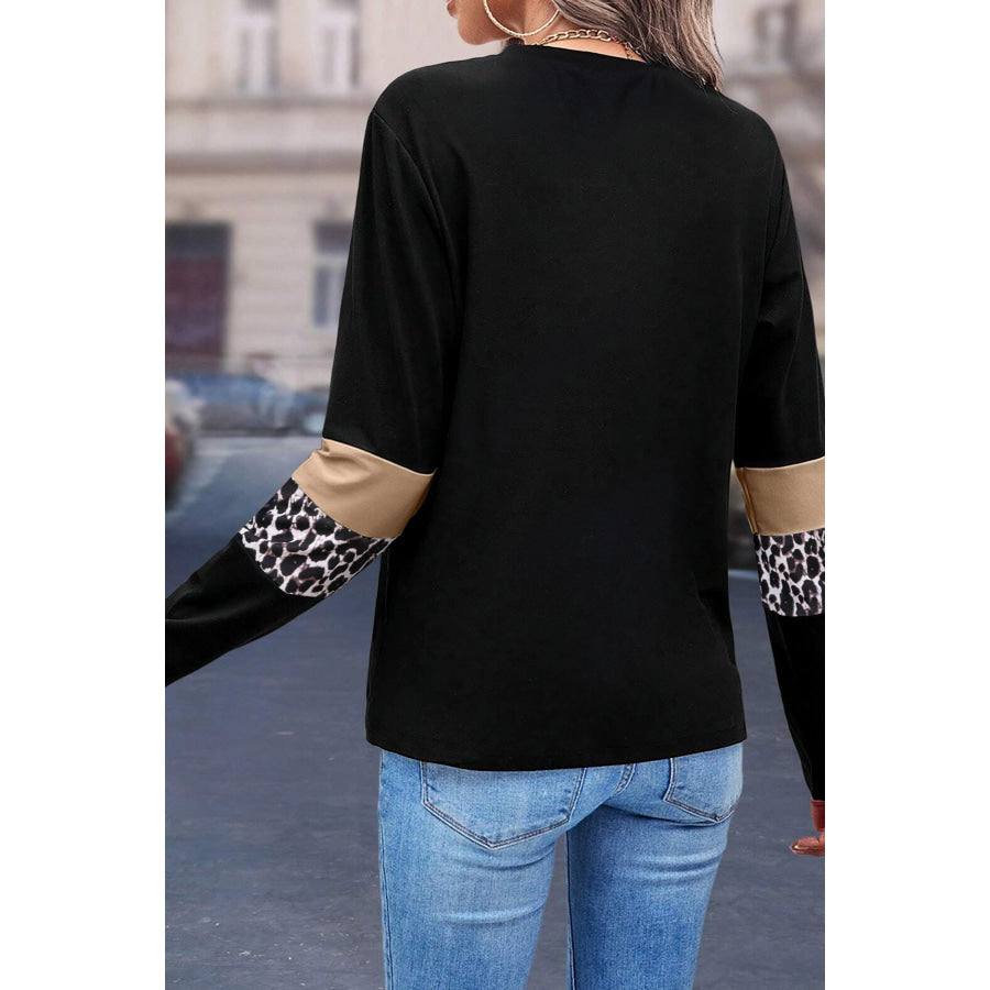 Rose Leopard Colorblock Patchwork Crew Neck Long Sleeve Tee Tops/Long Sleeve Tops