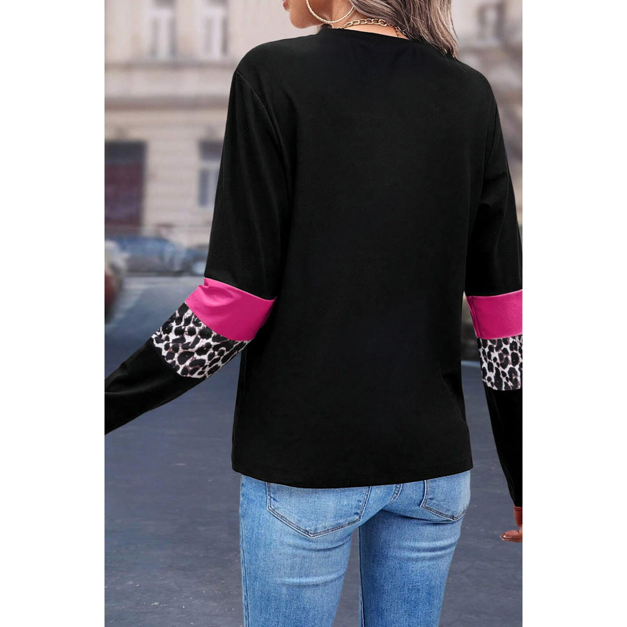 Rose Leopard Colorblock Patchwork Crew Neck Long Sleeve Tee Rose / S / 95% Cotton + 5% Elastane Tops/Long Sleeve Tops