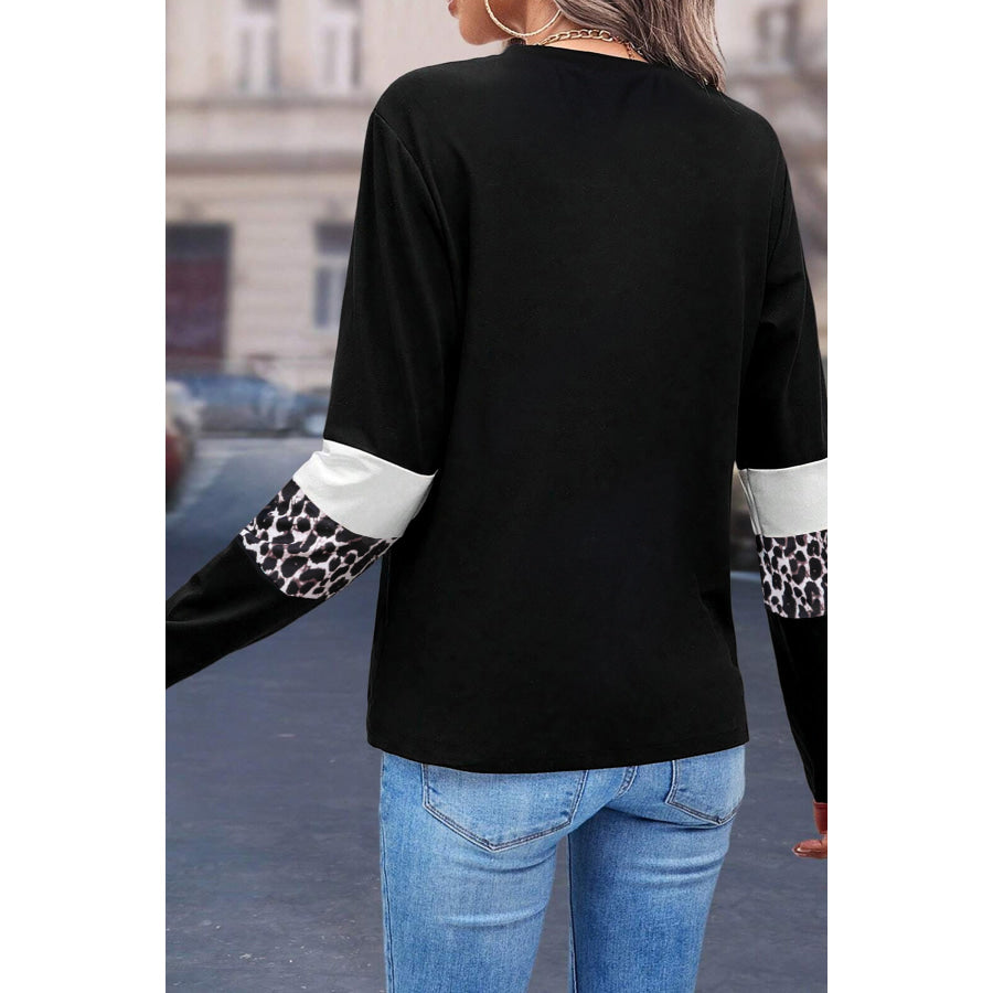 Rose Leopard Colorblock Patchwork Crew Neck Long Sleeve Tee Tops/Long Sleeve Tops