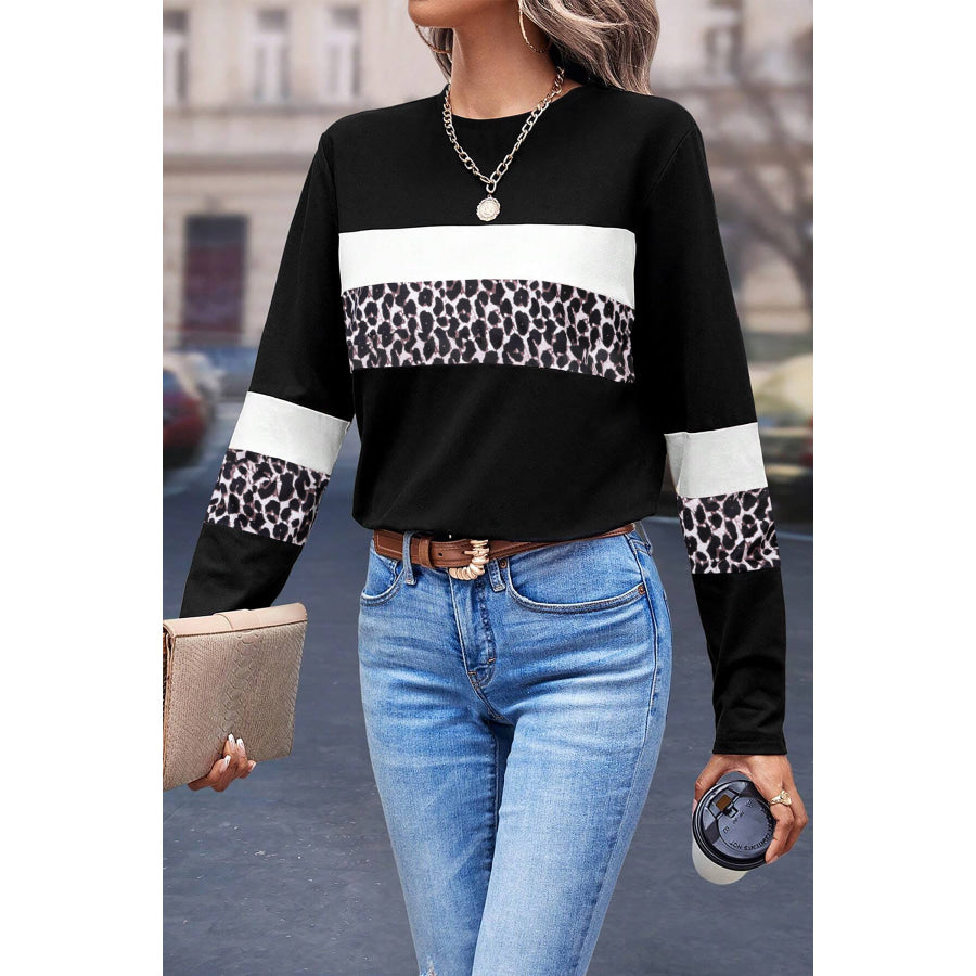 Rose Leopard Colorblock Patchwork Crew Neck Long Sleeve Tee White / S / 95% Cotton + 5% Elastane Tops/Long Sleeve Tops