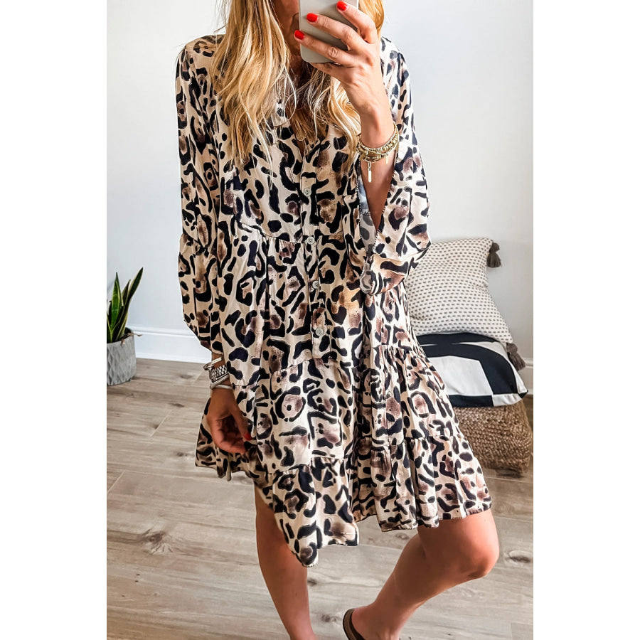 Rose Leopard Print Buttoned Front 3/4 Sleeve Tiered Ruffled Hem Dress Black / S / 100% Polyester Dresses/Mini Dresses