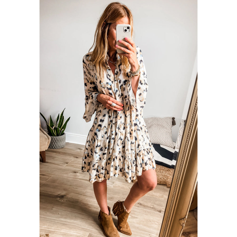 Rose Leopard Print Buttoned Front 3/4 Sleeve Tiered Ruffled Hem Dress Dresses/Mini Dresses