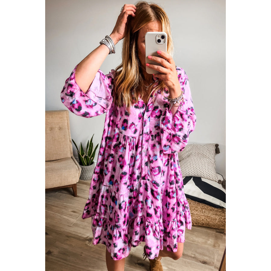 Rose Leopard Print Buttoned Front 3/4 Sleeve Tiered Ruffled Hem Dress Dresses/Mini Dresses