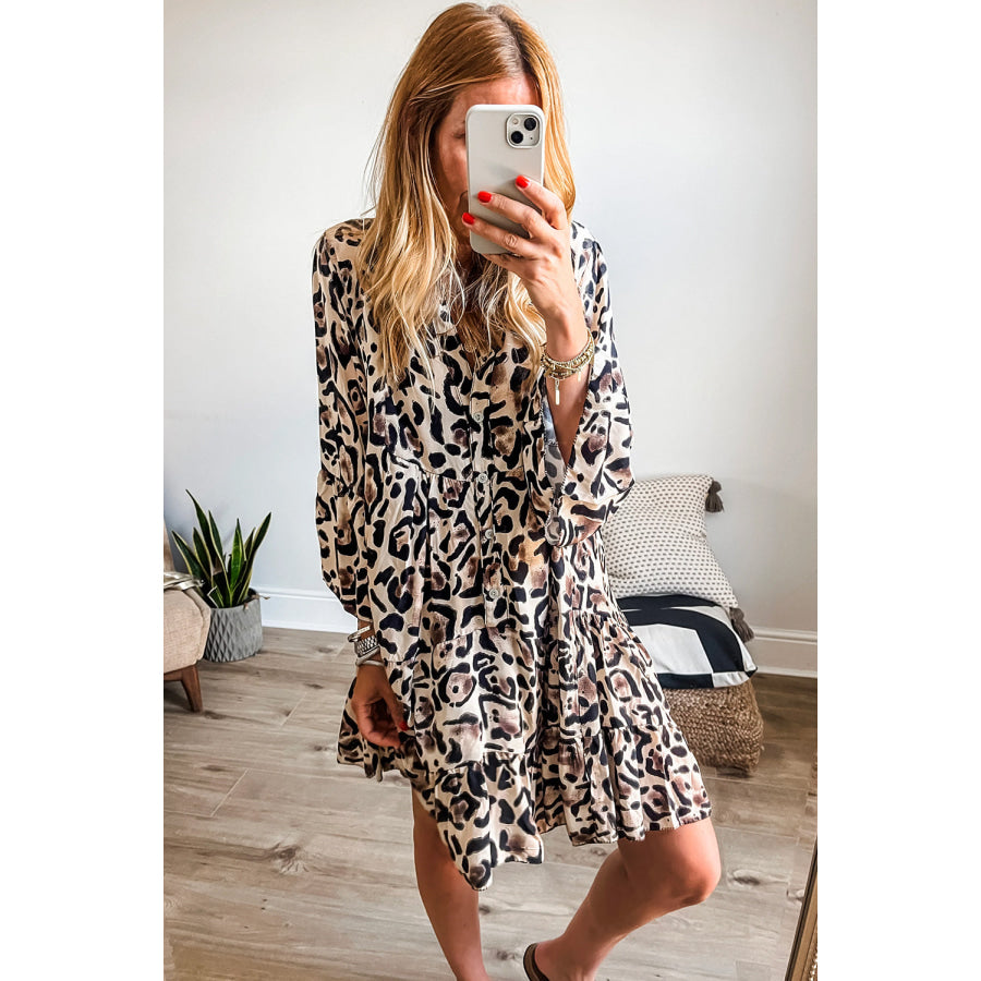 Rose Leopard Print Buttoned Front 3/4 Sleeve Tiered Ruffled Hem Dress Dresses/Mini Dresses