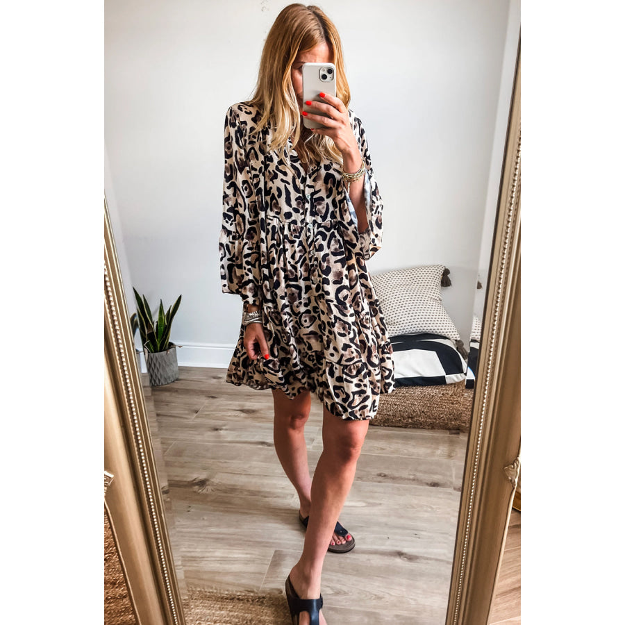 Rose Leopard Print Buttoned Front 3/4 Sleeve Tiered Ruffled Hem Dress Dresses/Mini Dresses