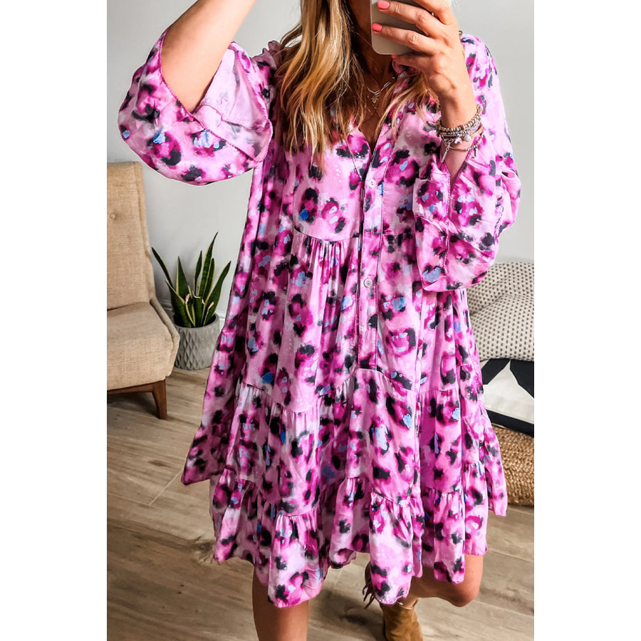 Rose Leopard Print Buttoned Front 3/4 Sleeve Tiered Ruffled Hem Dress Dresses/Mini Dresses