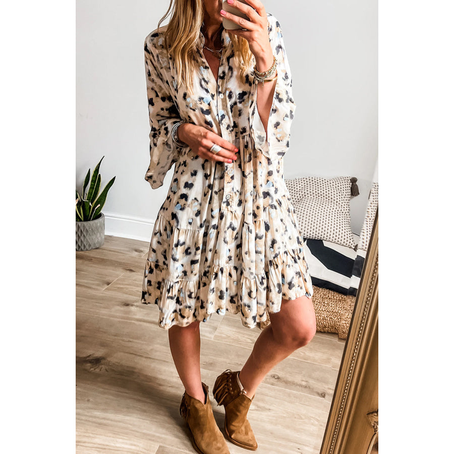 Rose Leopard Print Buttoned Front 3/4 Sleeve Tiered Ruffled Hem Dress Khaki / S / 100% Polyester Dresses/Mini Dresses
