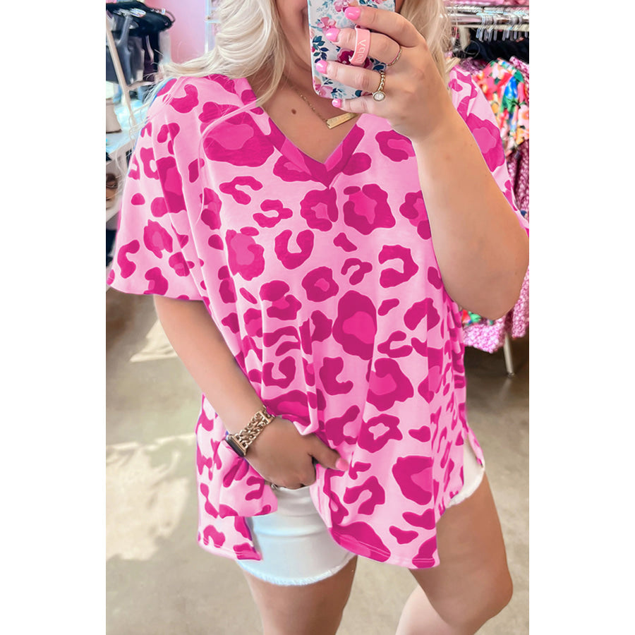 Rose Leopard Print V Neck Plus Size Tee Rose / 1X / 95% Polyester + 5% Elastane Plus Size/Plus Size Tops/Plus Size Tops &amp; Tees