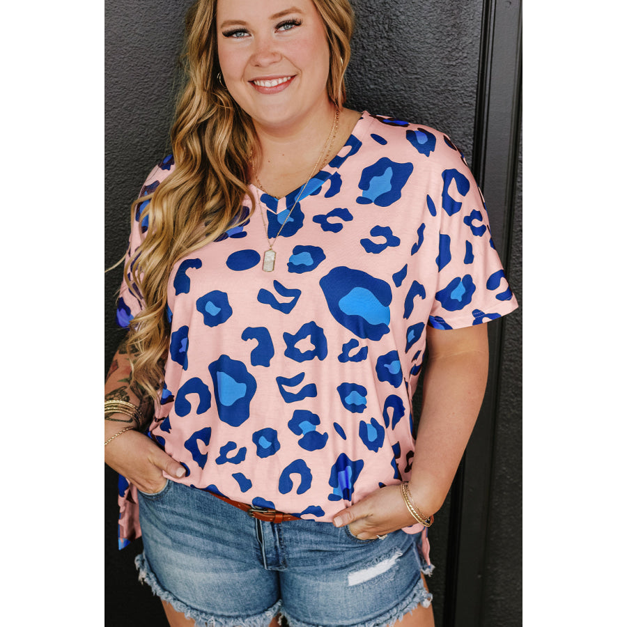 Rose Leopard Print V Neck Plus Size Tee Pink / 1X / 95% Polyester + 5% Elastane Plus Size/Plus Size Tops/Plus Size Tops &amp; Tees