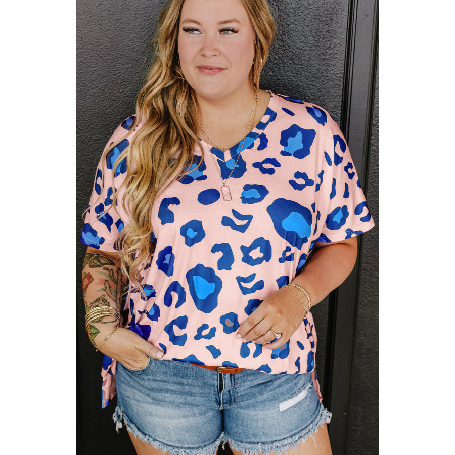 Rose Leopard Print V Neck Plus Size Tee Plus Size/Plus Size Tops/Plus Size Tops &amp; Tees