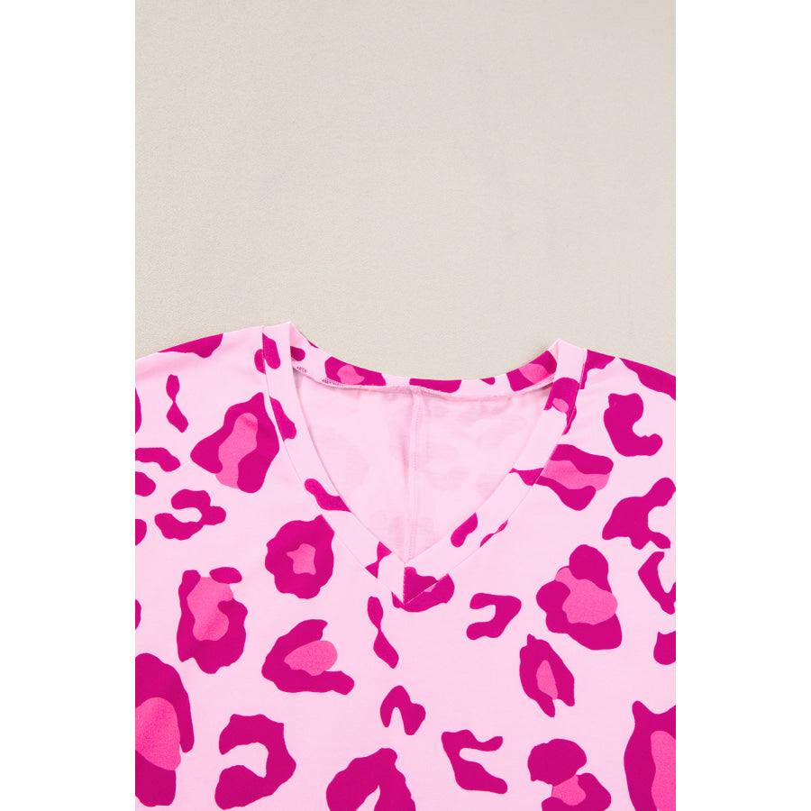 Rose Leopard Print V Neck Plus Size Tee Plus Size/Plus Size Tops/Plus Size Tops &amp; Tees