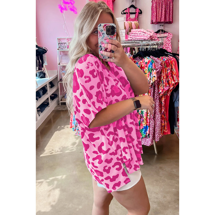 Rose Leopard Print V Neck Plus Size Tee Rose / 1X / 95% Polyester + 5% Elastane Plus Size/Plus Size Tops/Plus Size Tops & Tees