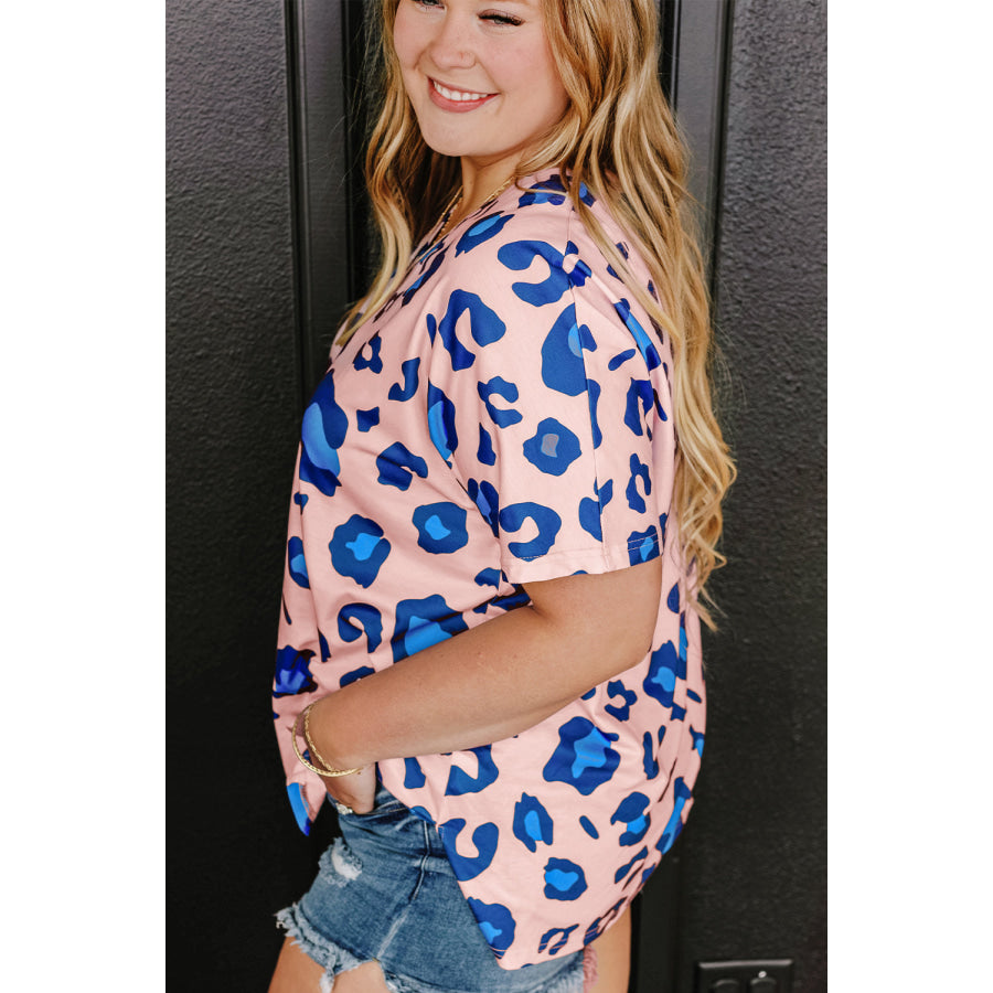 Rose Leopard Print V Neck Plus Size Tee Plus Size/Plus Size Tops/Plus Size Tops &amp; Tees