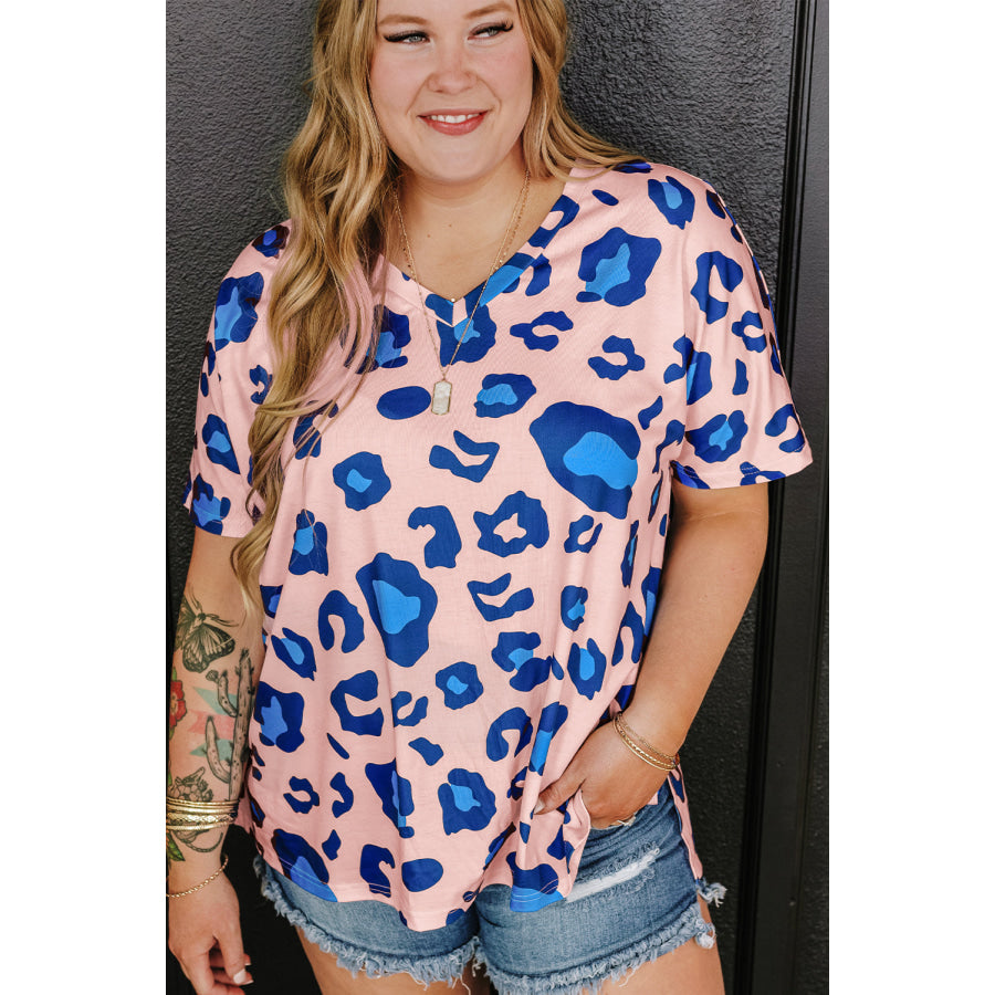 Rose Leopard Print V Neck Plus Size Tee Plus Size/Plus Size Tops/Plus Size Tops &amp; Tees