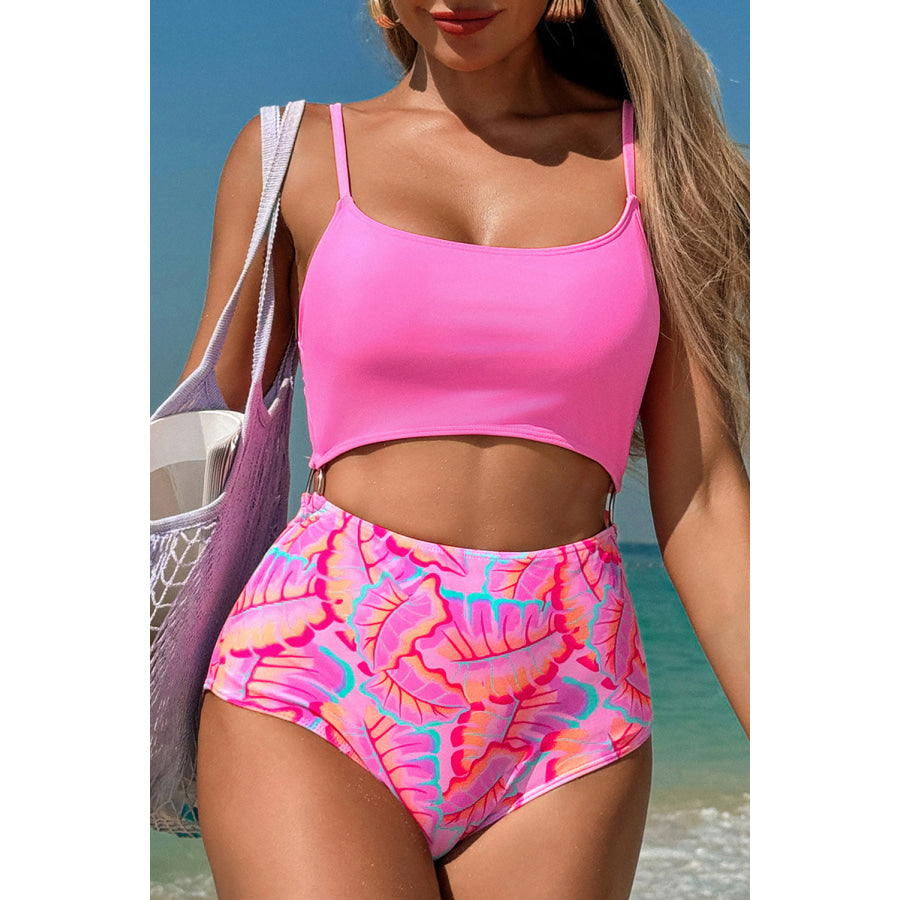 Rose O-ring Joint Leafy Print High Waist Monokini Swimwear/One Piece Swimsuit