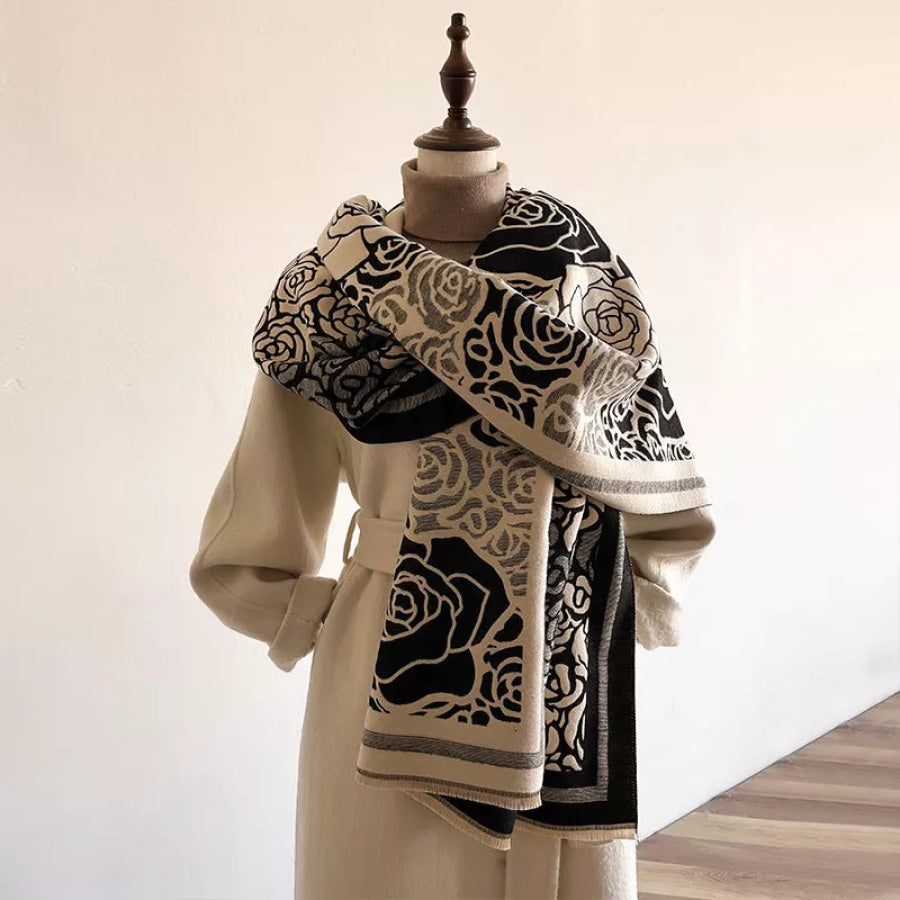 Rose Pattern Raw Hem Scarf Black / One Size Apparel and Accessories