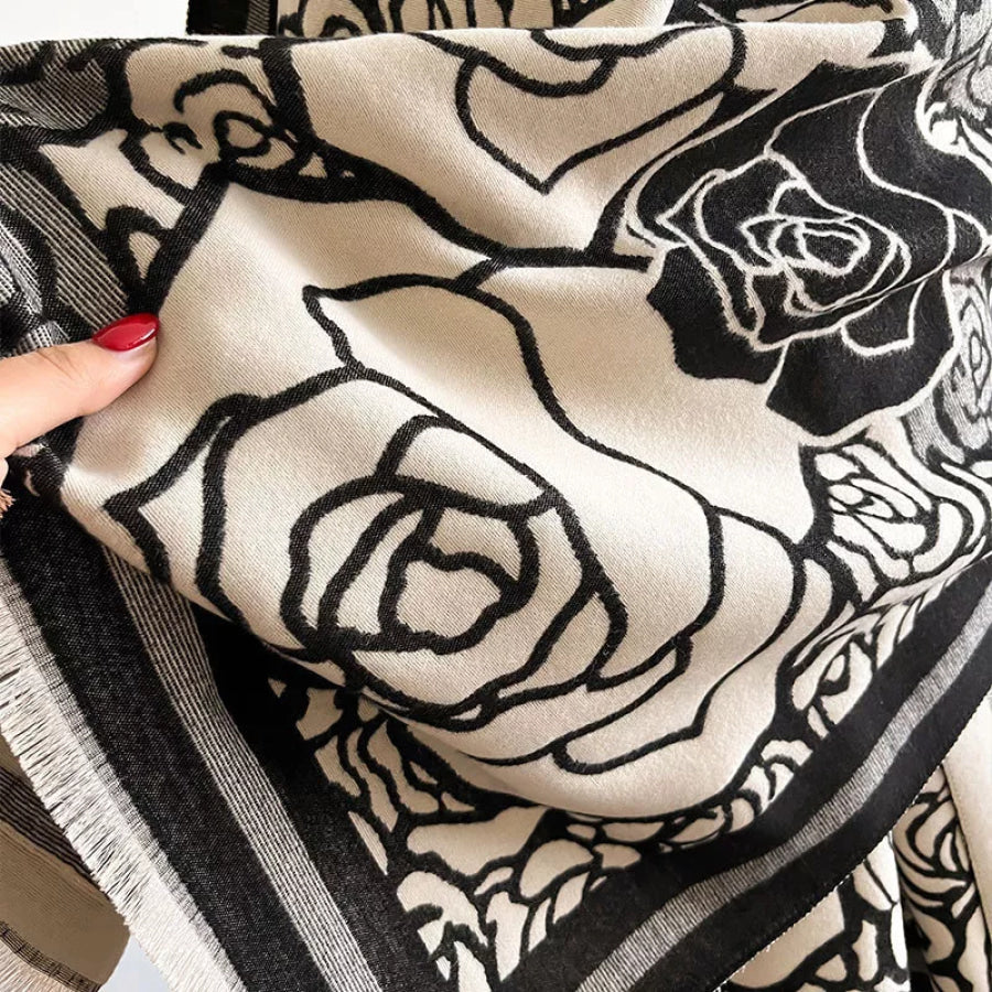 Rose Pattern Raw Hem Scarf Black / One Size Apparel and Accessories