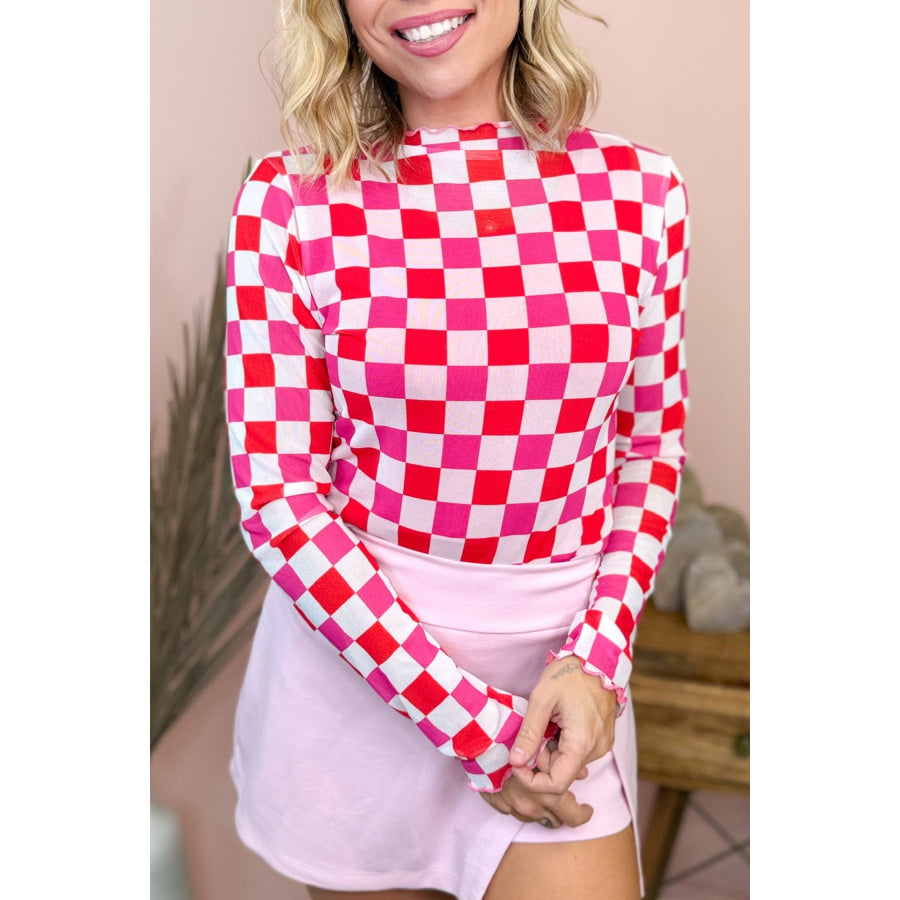 Rose Plaid Mesh Sheer Long Sleeve Top Tops/Long Sleeve Tops