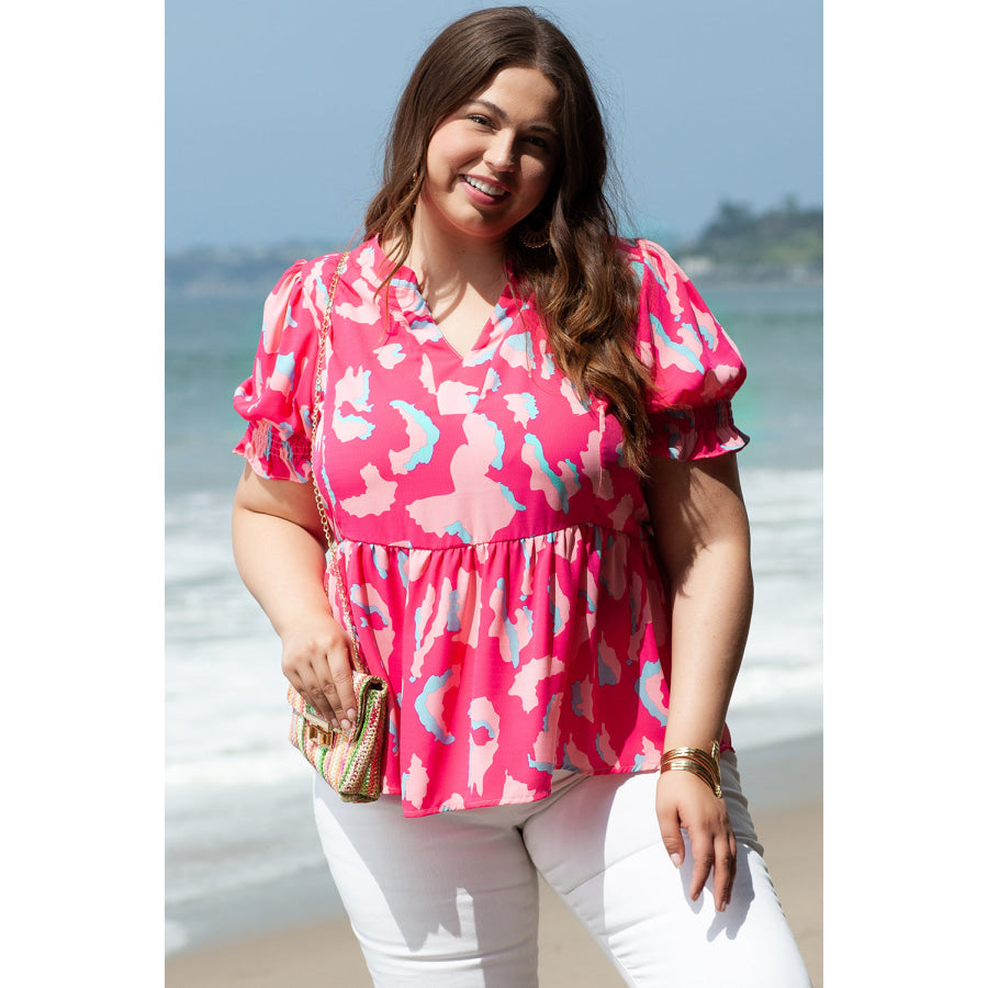 Rose Plus Abstract Print Puff Sleeve V Neck Blouse Plus Size/Plus Size Tops/Plus Size Blouses &amp; Shirts