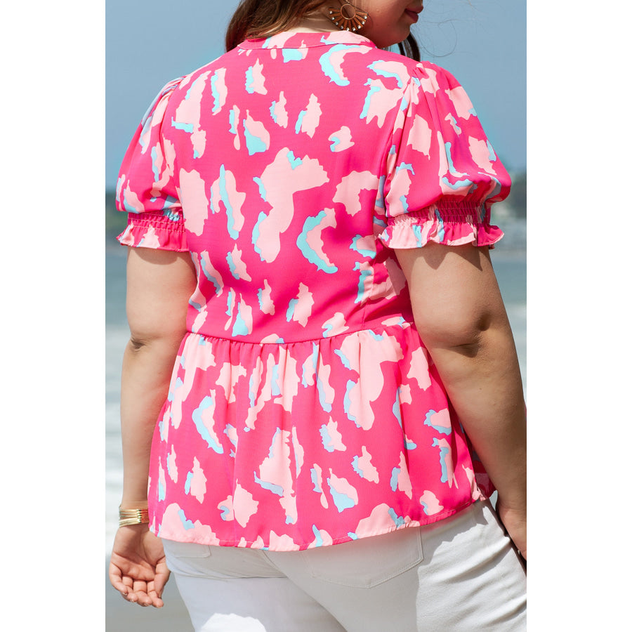 Rose Plus Abstract Print Puff Sleeve V Neck Blouse Plus Size/Plus Size Tops/Plus Size Blouses &amp; Shirts