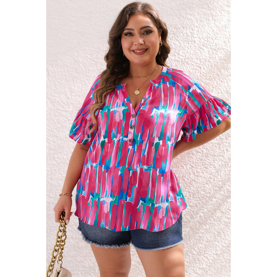 Rose Plus Brushstroke Ruffle Sleeve Button V Neck Blouse Rose / 1X / 100% Polyester Plus Size/Plus Size Tops/Plus Size Blouses &amp; Shirts