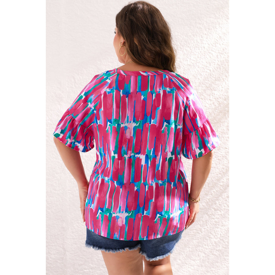 Rose Plus Brushstroke Ruffle Sleeve Button V Neck Blouse Plus Size/Plus Size Tops/Plus Size Blouses &amp; Shirts