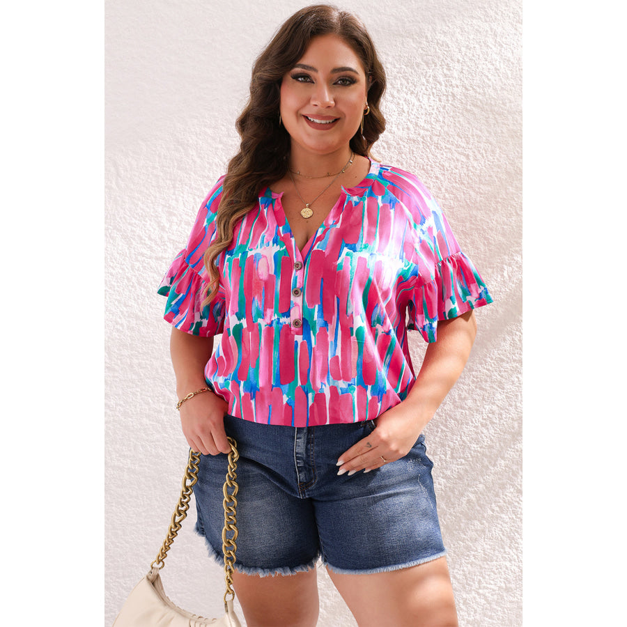 Rose Plus Brushstroke Ruffle Sleeve Button V Neck Blouse Plus Size/Plus Size Tops/Plus Size Blouses &amp; Shirts