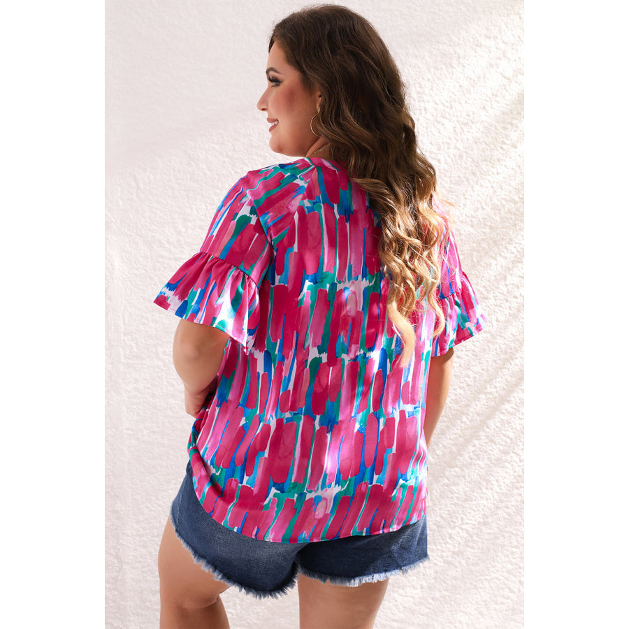 Rose Plus Brushstroke Ruffle Sleeve Button V Neck Blouse Plus Size/Plus Size Tops/Plus Size Blouses &amp; Shirts