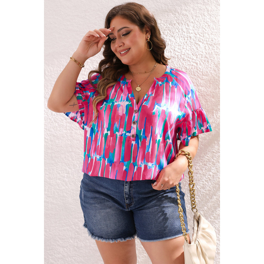 Rose Plus Brushstroke Ruffle Sleeve Button V Neck Blouse Plus Size/Plus Size Tops/Plus Size Blouses &amp; Shirts