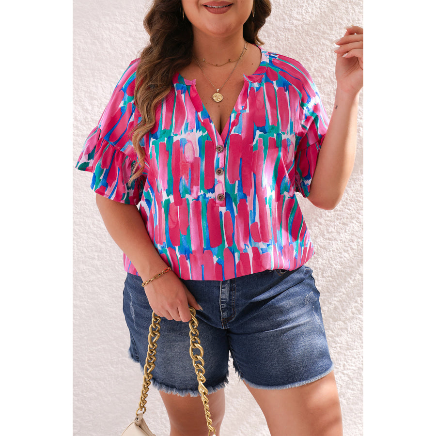 Rose Plus Brushstroke Ruffle Sleeve Button V Neck Blouse Plus Size/Plus Size Tops/Plus Size Blouses &amp; Shirts