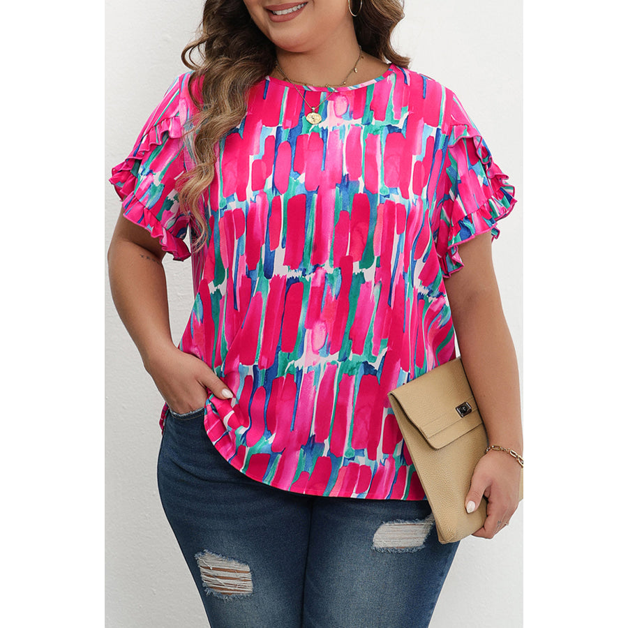 Rose Plus Size Abstract Print Ruffled Petal Sleeve Blouse Plus Size/Plus Size Tops/Plus Size Blouses &amp; Shirts